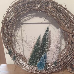 Festive Blue and White Lighted Holiday Wreath Christmas Trees Snow Handmade